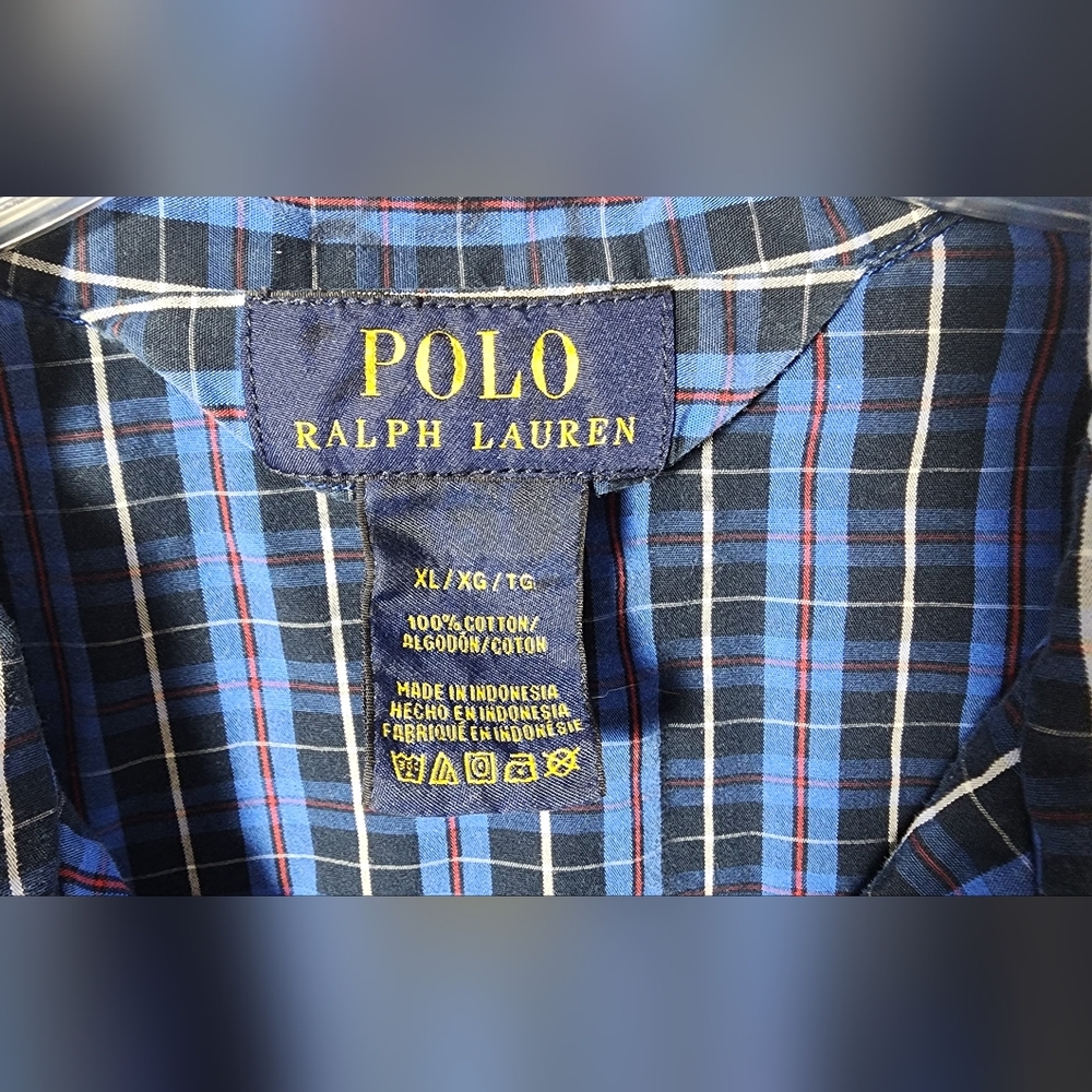 VINTAGE  Polo Ralph Lauren  Men's Pajama Top Plaid Size Extra Large Blue - Picture 5 of 10